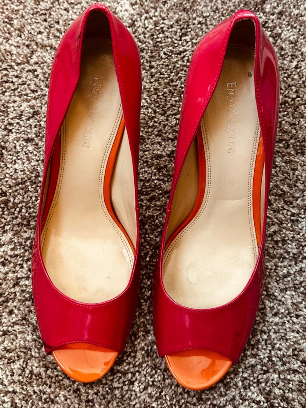 Enzo Angiolini Patent Colorblock Peep-Toe Stilettos with Orange & Yellow Accents